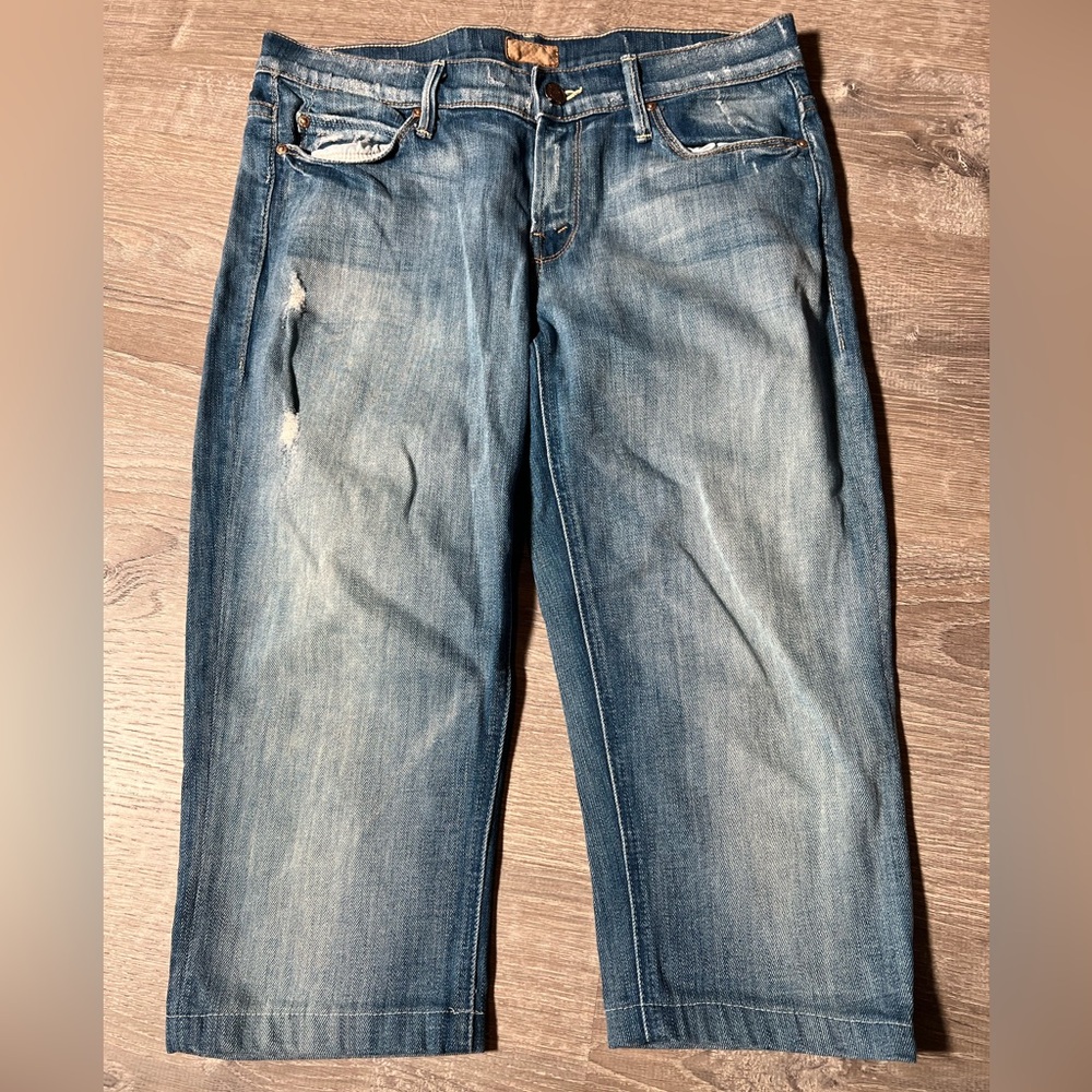 MOTHER Denim Midwash Blue Crop Shorts